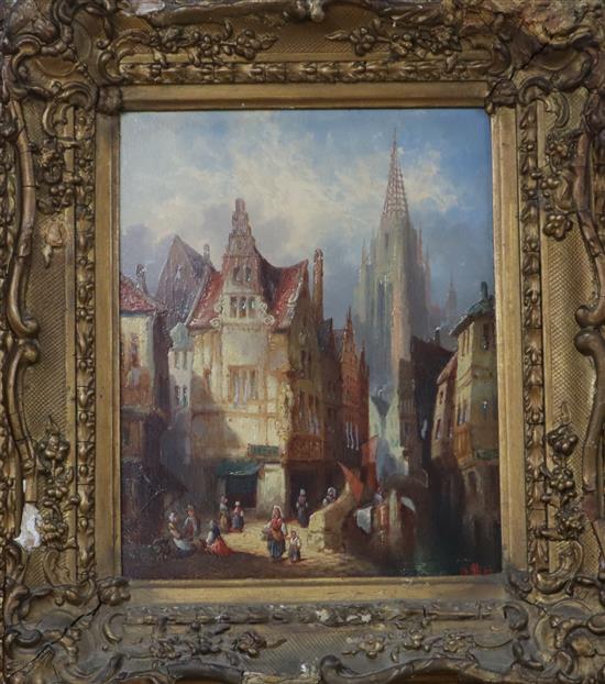 Henry Schafer, oil on board, Continental street scene, monogrammed and dated 1887, 24 x 19cm